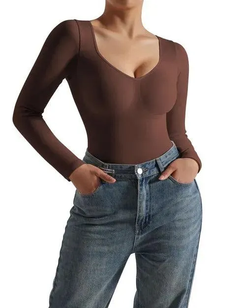 Ribbed V Neck Bodysuit - Long Sleeve