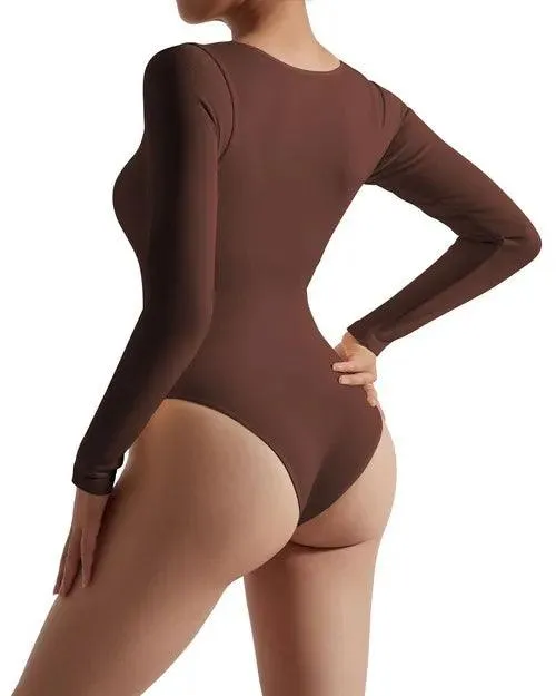 Ribbed V Neck Bodysuit - Long Sleeve