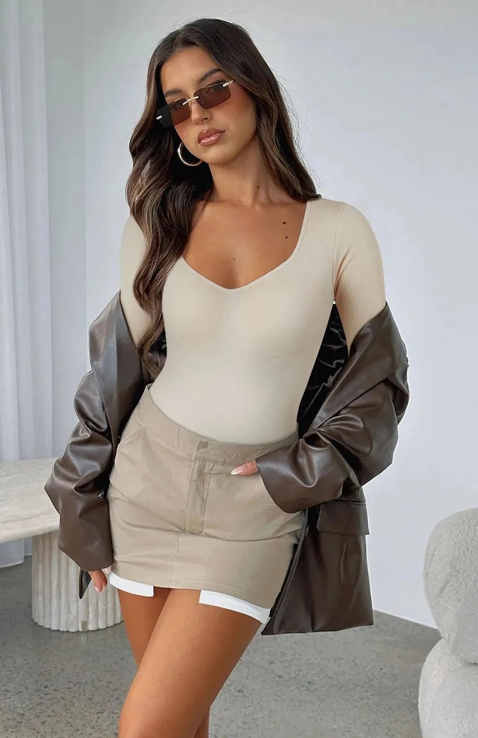 Ribbed V Neck Bodysuit - Long Sleeve