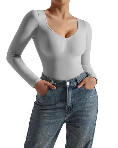 Ribbed V Neck Bodysuit - Long Sleeve