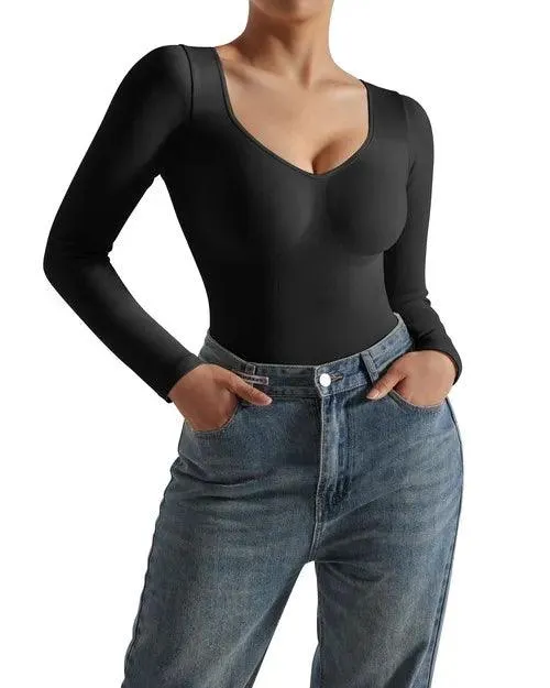 Ribbed V Neck Bodysuit - Long Sleeve