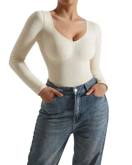 Ribbed V Neck Bodysuit - Long Sleeve