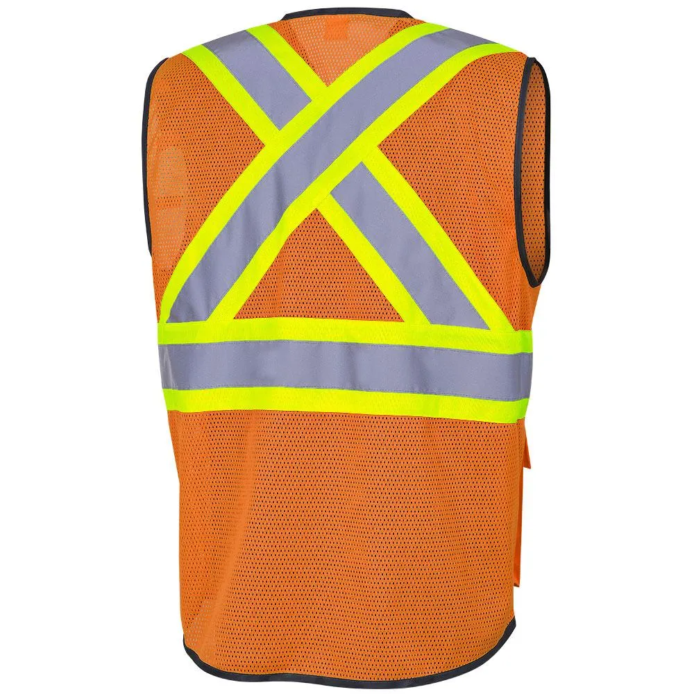 Safety Vest - Pioneer Hi-Viz Orange Poly Mesh Zipper Front Multipocket Vest, 6960