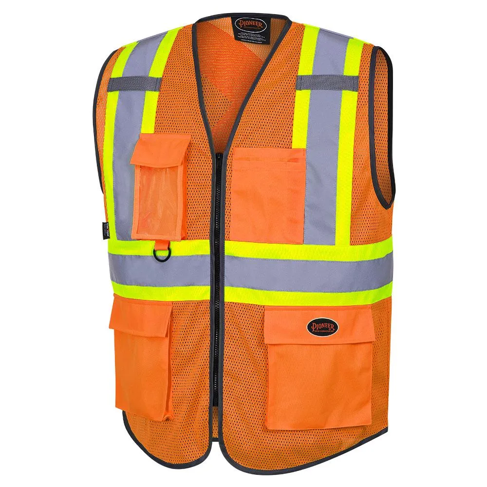 Safety Vest - Pioneer Hi-Viz Orange Poly Mesh Zipper Front Multipocket Vest, 6960