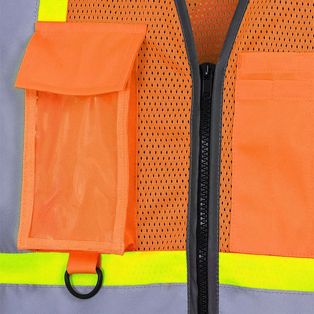 Safety Vest - Pioneer Hi-Viz Orange Poly Mesh Zipper Front Multipocket Vest, 6960