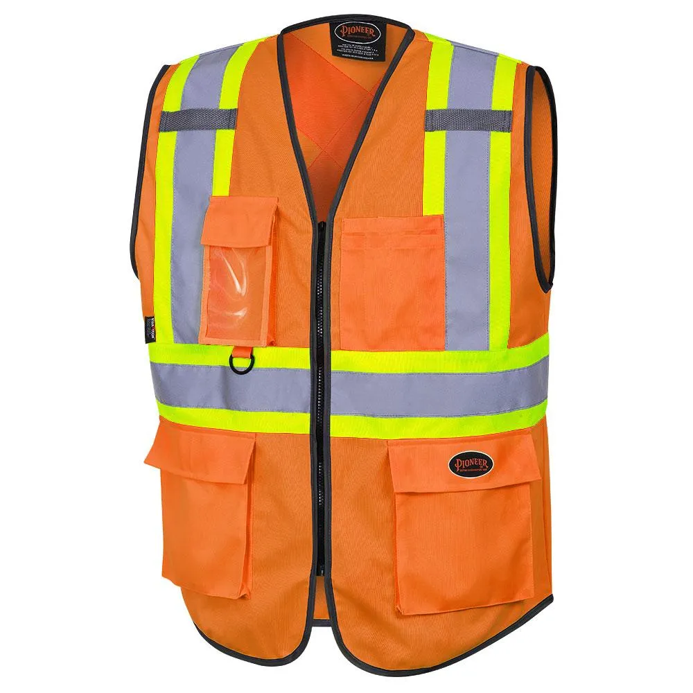 Safety Vest - Pioneer Hi-Viz Orange Tricot Poly Zipper Front Multipocket Vest, 6958