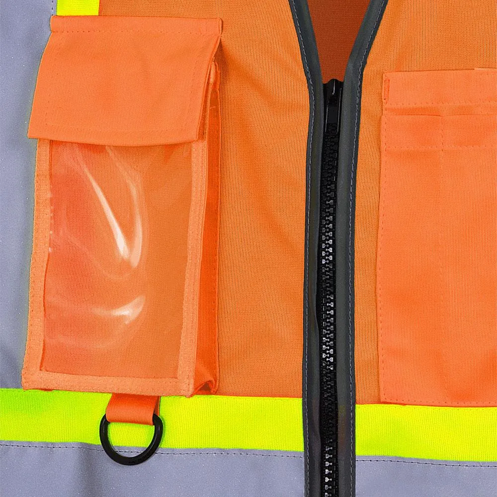 Safety Vest - Pioneer Hi-Viz Orange Tricot Poly Zipper Front Multipocket Vest, 6958