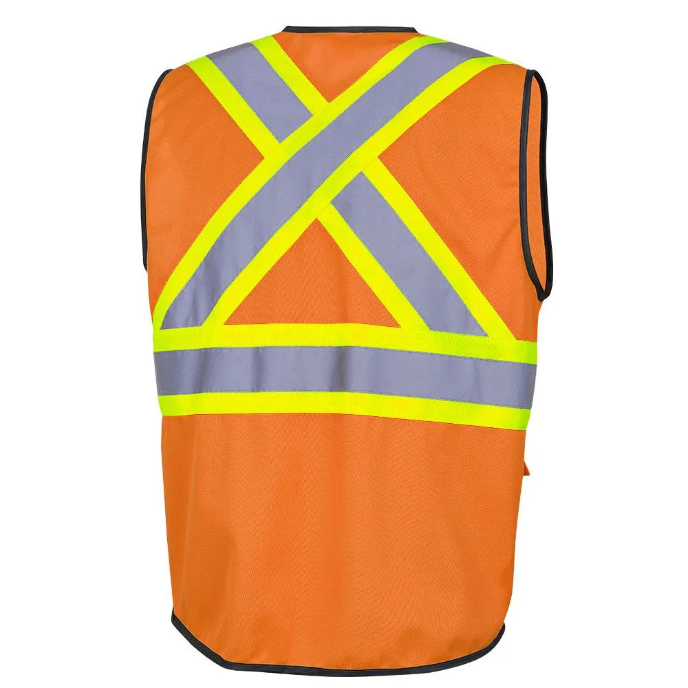 Safety Vest - Pioneer Hi-Viz Orange Tricot Poly Zipper Front Multipocket Vest, 6958