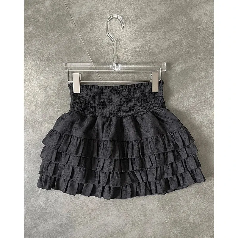 Streetwear Y2k Ruffles Mini Skirts Women Sweet Kawaii High Waist Lace A Line Skirt Summer Korean Fashion Black Ball Gown Skirts