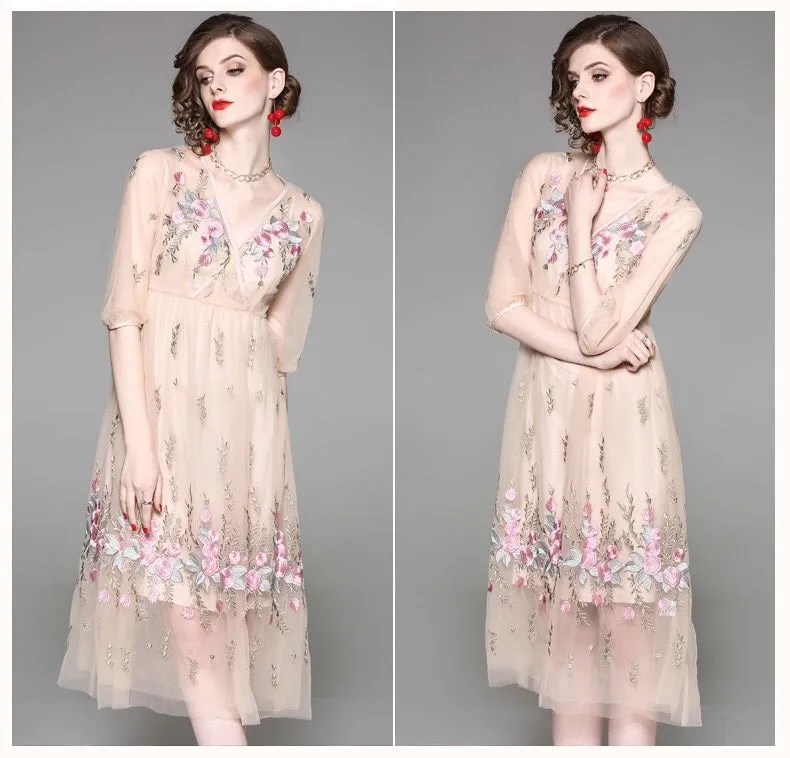 V Neck Floral Embroidered Dress