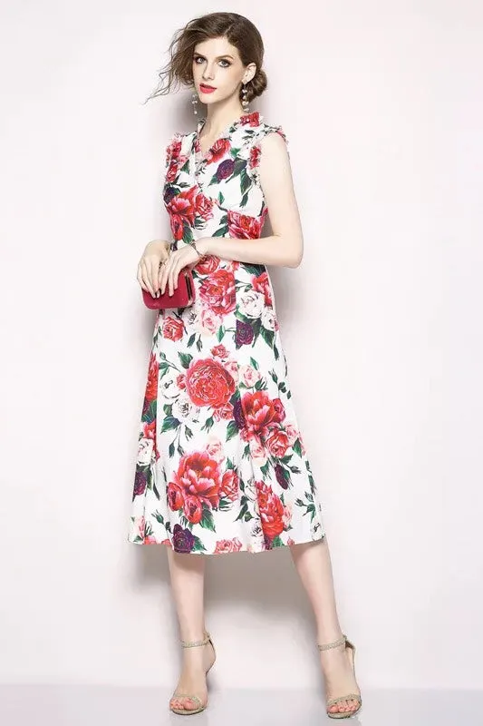 V Neck Rose Print Dress