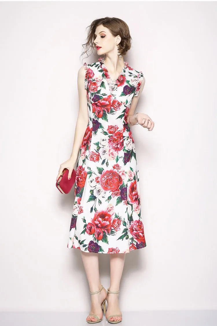 V Neck Rose Print Dress