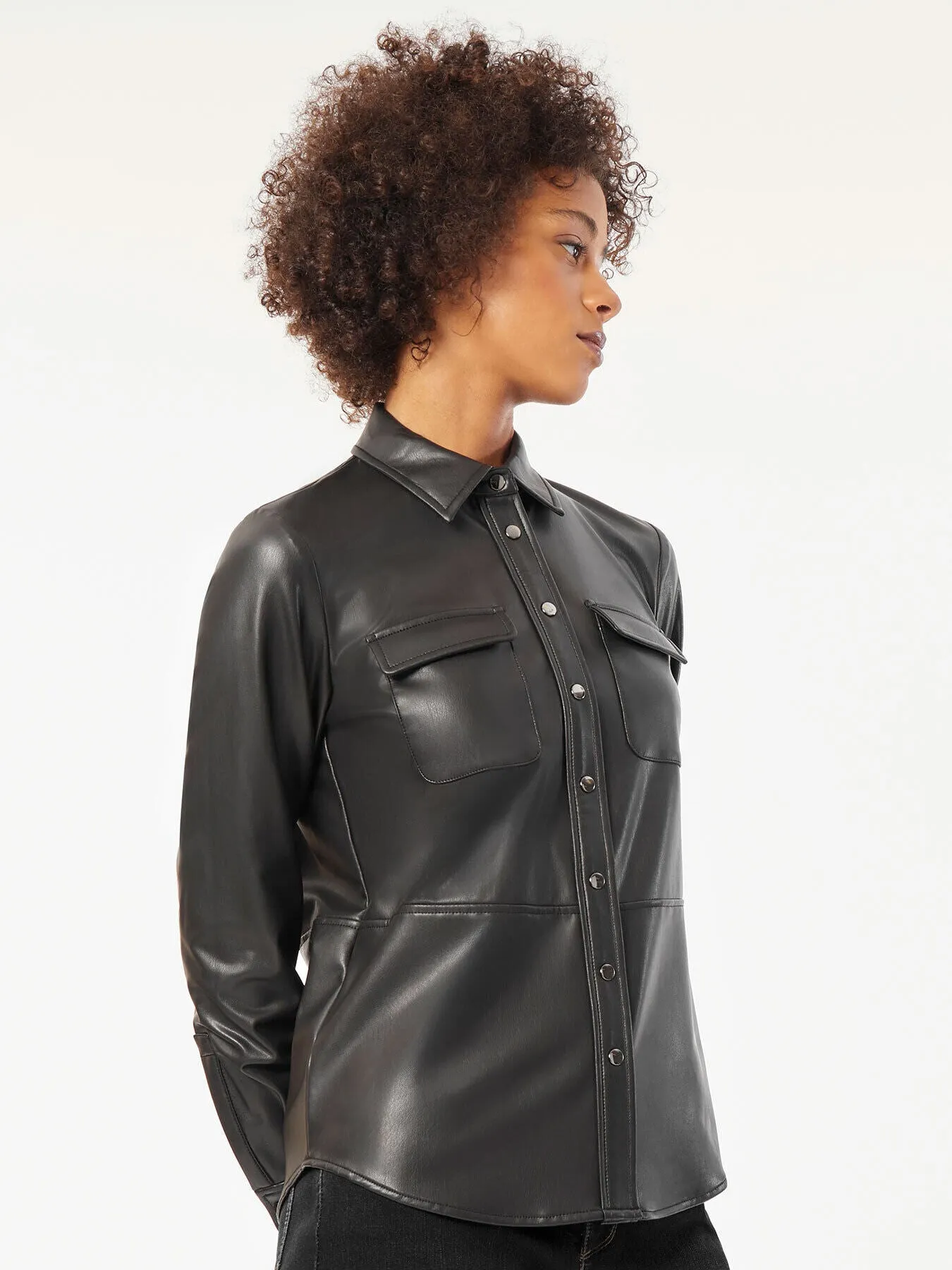 Vegan Leather Snap-Front Utility Shirt