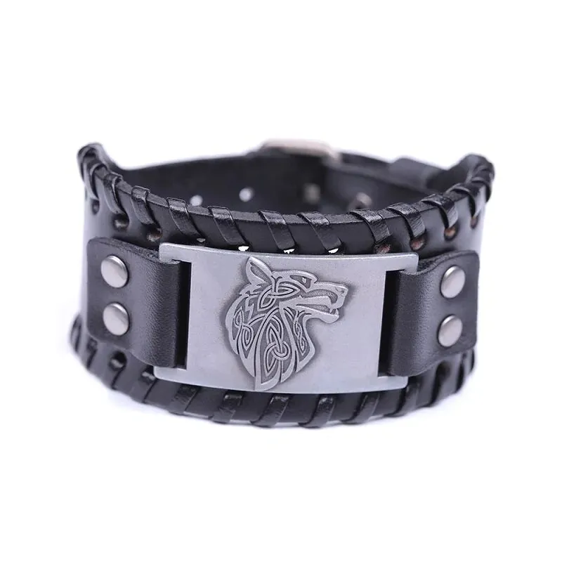 Vintage Wide Leather Woven Wolf Head Bracelet