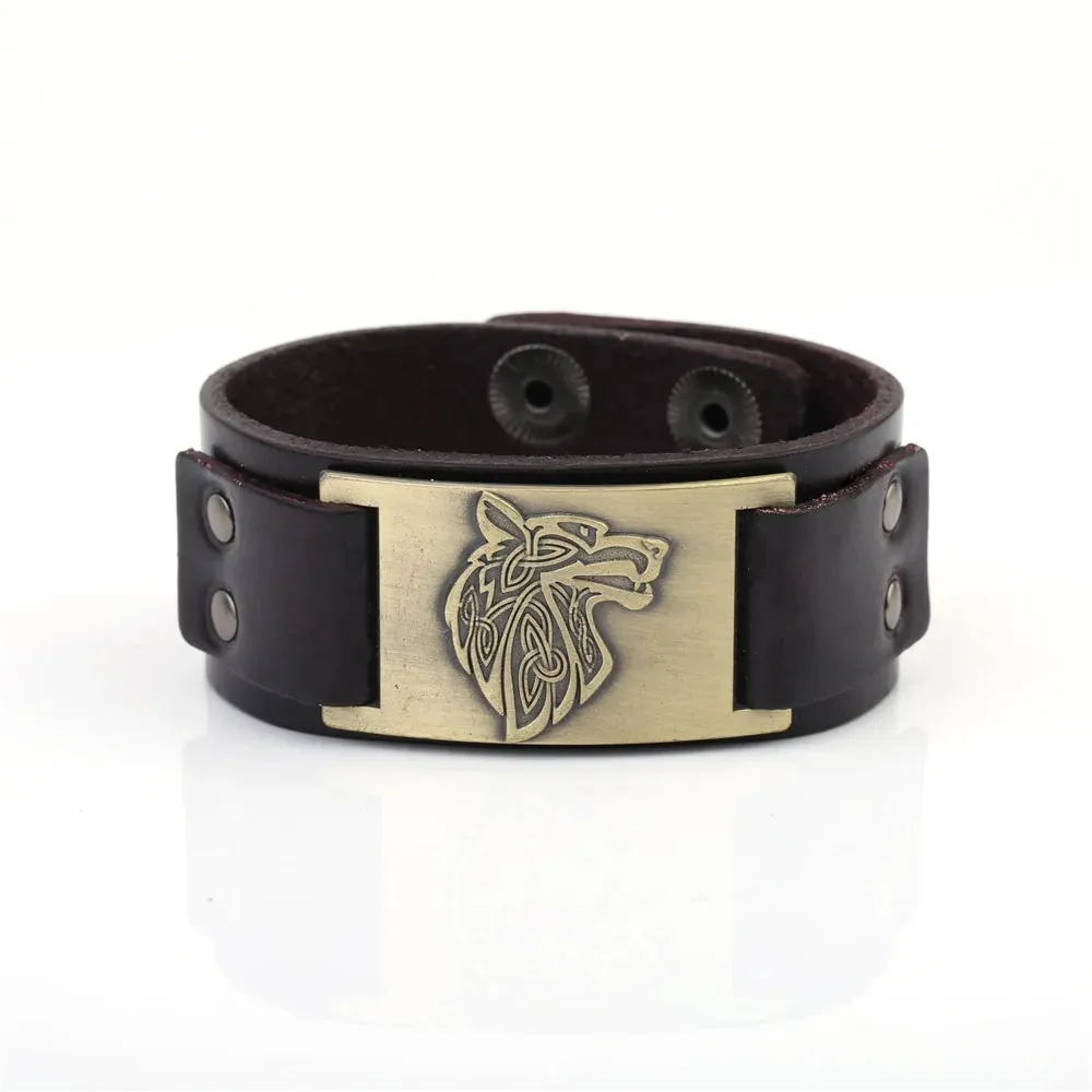 Vintage Wide Leather Woven Wolf Head Bracelet