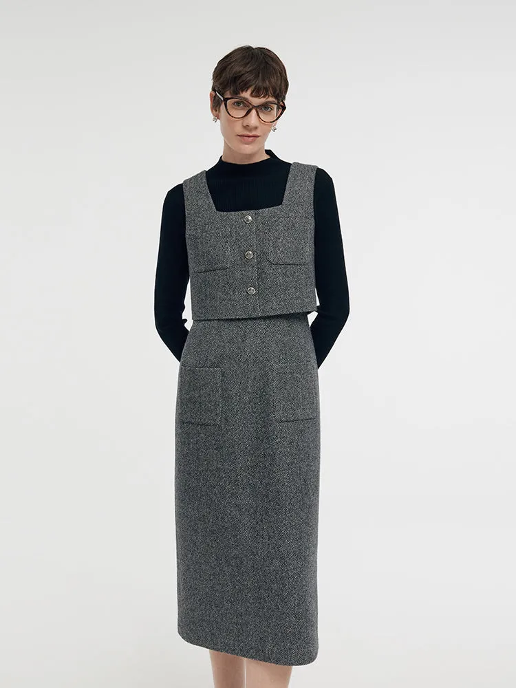 Washable Wool Vest Midi Dress And Knit Top Two-Piece Set