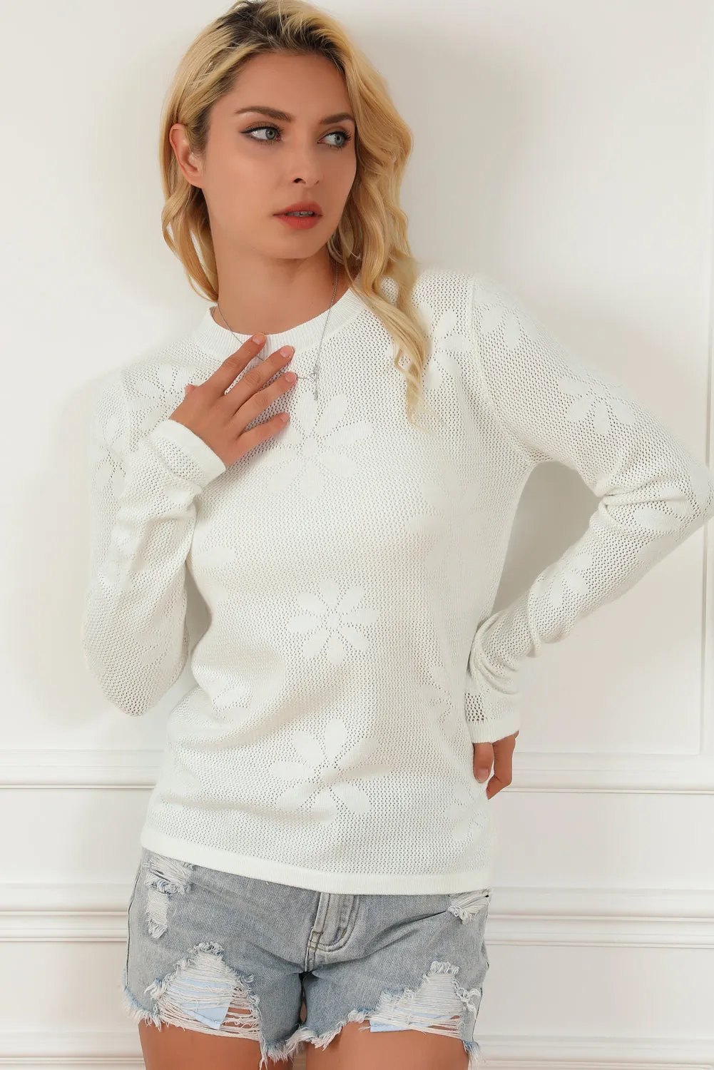 White Flower Knit Long Sleeve Sweater