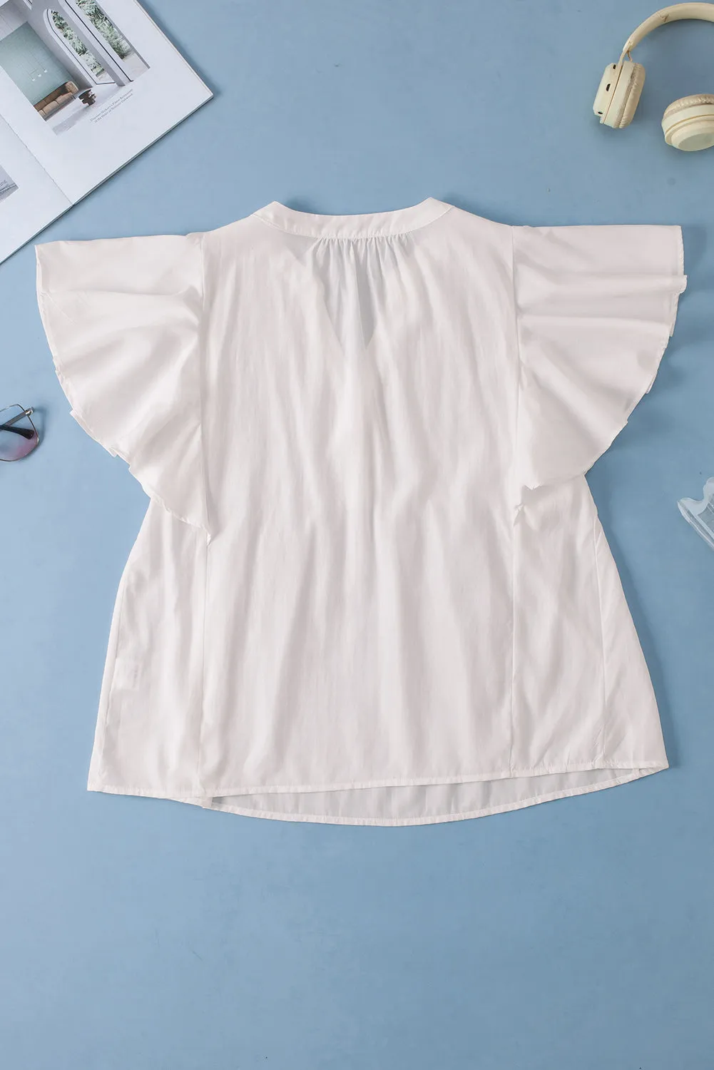 White V Neck Pleated Front Ruffled Sleeve Shirt