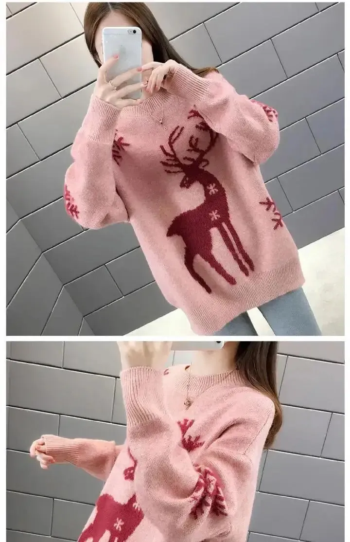 Women's Little Deer Christmas Sweater Thickened Loose Coat 2024 Autumn Winter New Fashion Tops Knitwear Shirts For Women Clothes