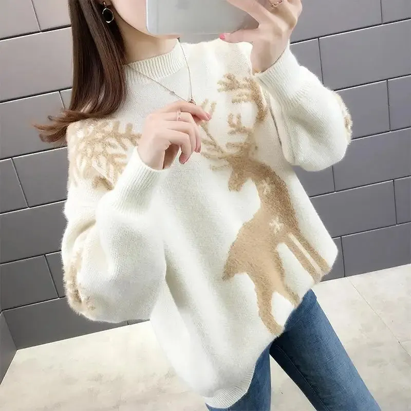 Women's Little Deer Christmas Sweater Thickened Loose Coat 2024 Autumn Winter New Fashion Tops Knitwear Shirts For Women Clothes