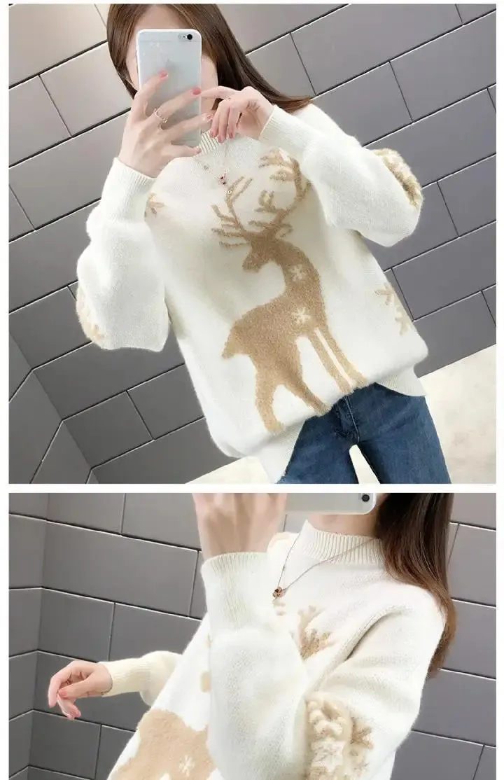 Women's Little Deer Christmas Sweater Thickened Loose Coat 2024 Autumn Winter New Fashion Tops Knitwear Shirts For Women Clothes