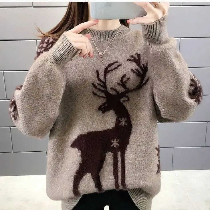 Women's Little Deer Christmas Sweater Thickened Loose Coat 2024 Autumn Winter New Fashion Tops Knitwear Shirts For Women Clothes