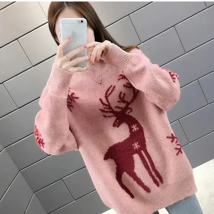 Women's Little Deer Christmas Sweater Thickened Loose Coat 2024 Autumn Winter New Fashion Tops Knitwear Shirts For Women Clothes