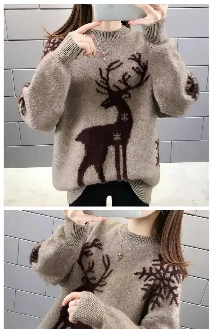 Women's Little Deer Christmas Sweater Thickened Loose Coat 2024 Autumn Winter New Fashion Tops Knitwear Shirts For Women Clothes