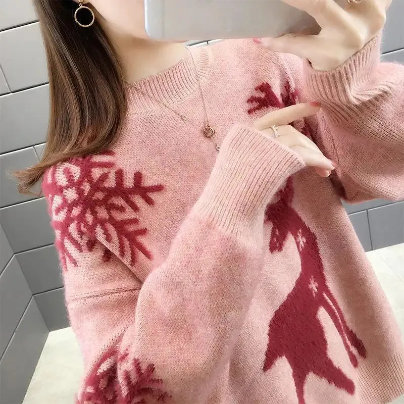 Women's Little Deer Christmas Sweater Thickened Loose Coat 2024 Autumn Winter New Fashion Tops Knitwear Shirts For Women Clothes