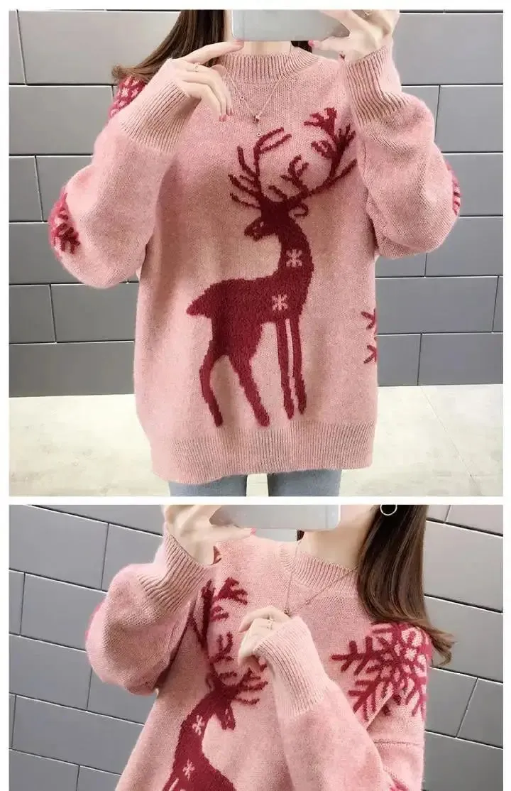 Women's Little Deer Christmas Sweater Thickened Loose Coat 2024 Autumn Winter New Fashion Tops Knitwear Shirts For Women Clothes