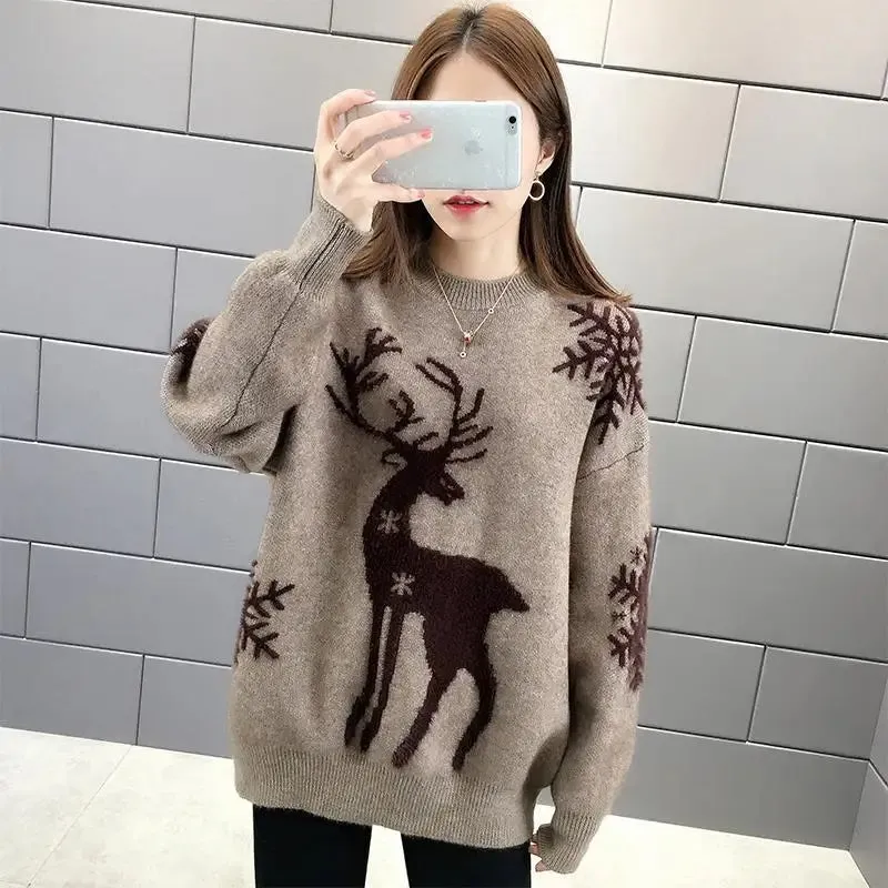 Women's Little Deer Christmas Sweater Thickened Loose Coat 2024 Autumn Winter New Fashion Tops Knitwear Shirts For Women Clothes