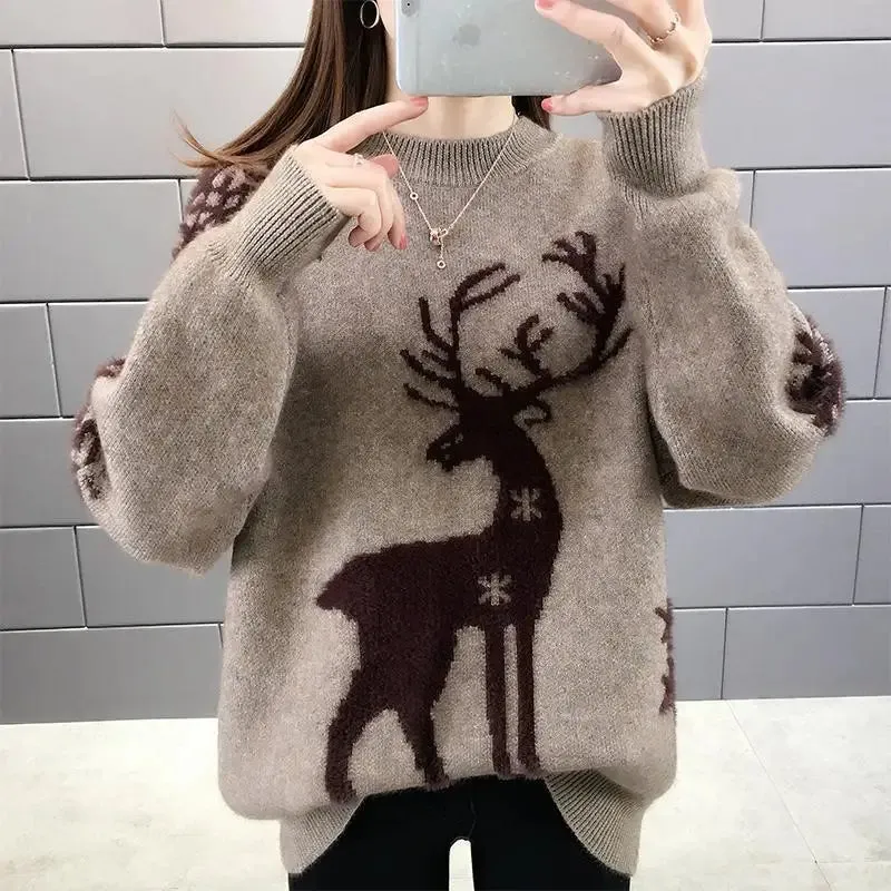 Women's Little Deer Christmas Sweater Thickened Loose Coat 2024 Autumn Winter New Fashion Tops Knitwear Shirts For Women Clothes