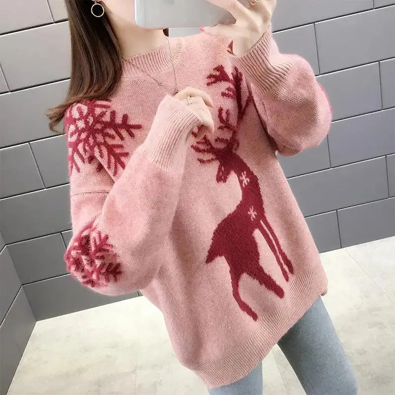 Women's Little Deer Christmas Sweater Thickened Loose Coat 2024 Autumn Winter New Fashion Tops Knitwear Shirts For Women Clothes