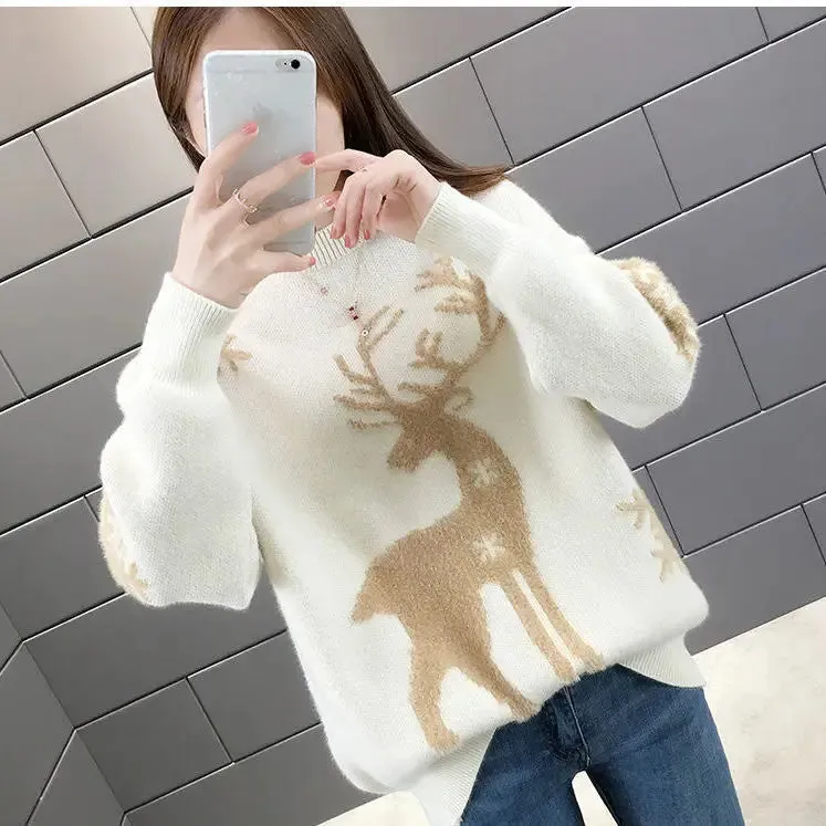 Women's Little Deer Christmas Sweater Thickened Loose Coat 2024 Autumn Winter New Fashion Tops Knitwear Shirts For Women Clothes