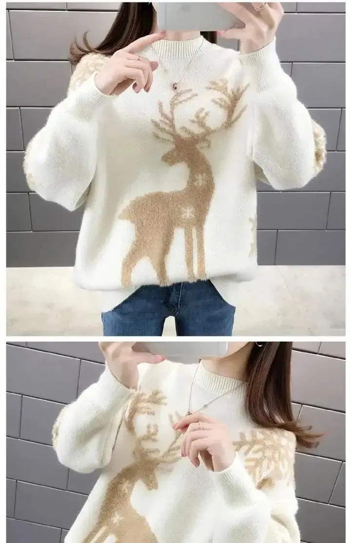 Women's Little Deer Christmas Sweater Thickened Loose Coat 2024 Autumn Winter New Fashion Tops Knitwear Shirts For Women Clothes