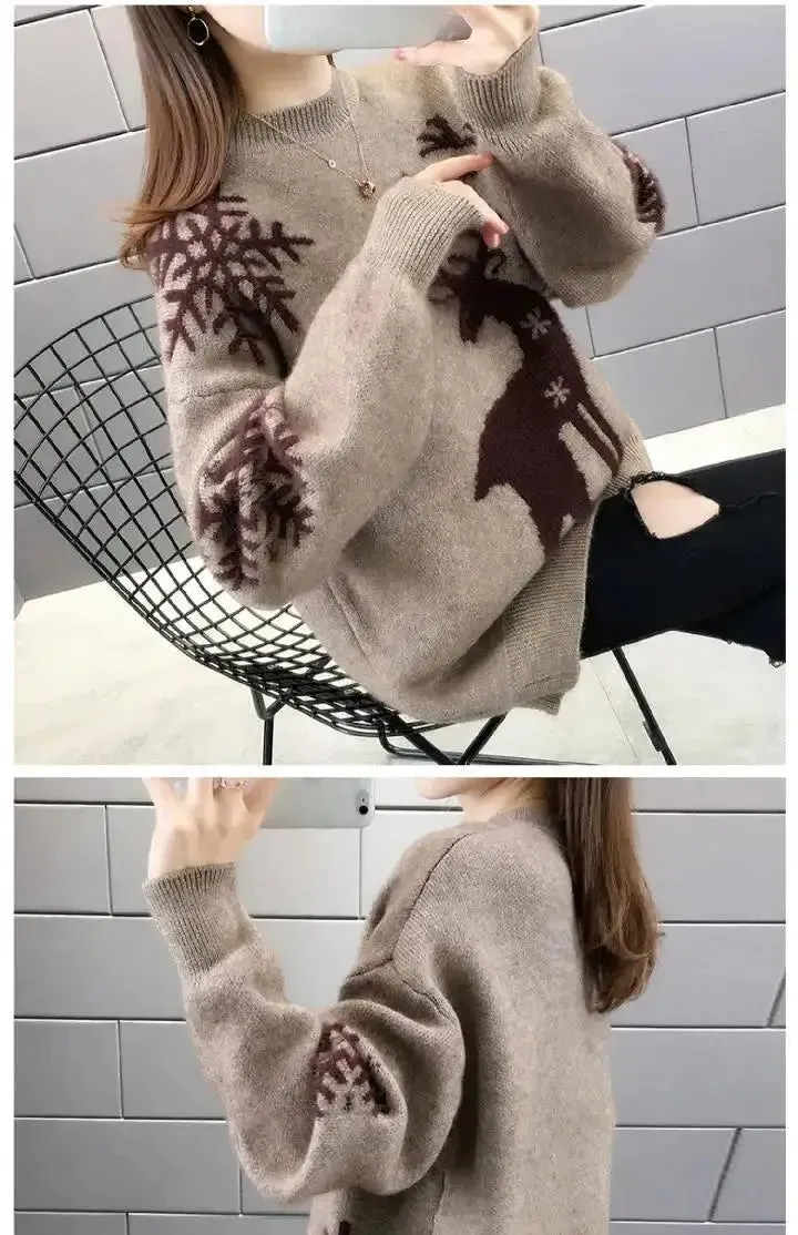 Women's Little Deer Christmas Sweater Thickened Loose Coat 2024 Autumn Winter New Fashion Tops Knitwear Shirts For Women Clothes