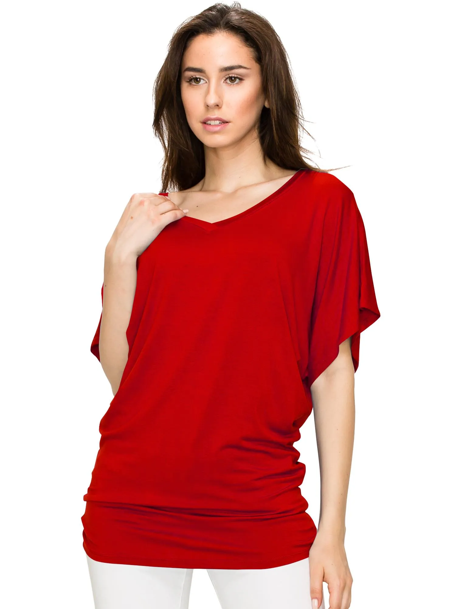 Women's Solid Short Sleeve V Neck Dolman Top