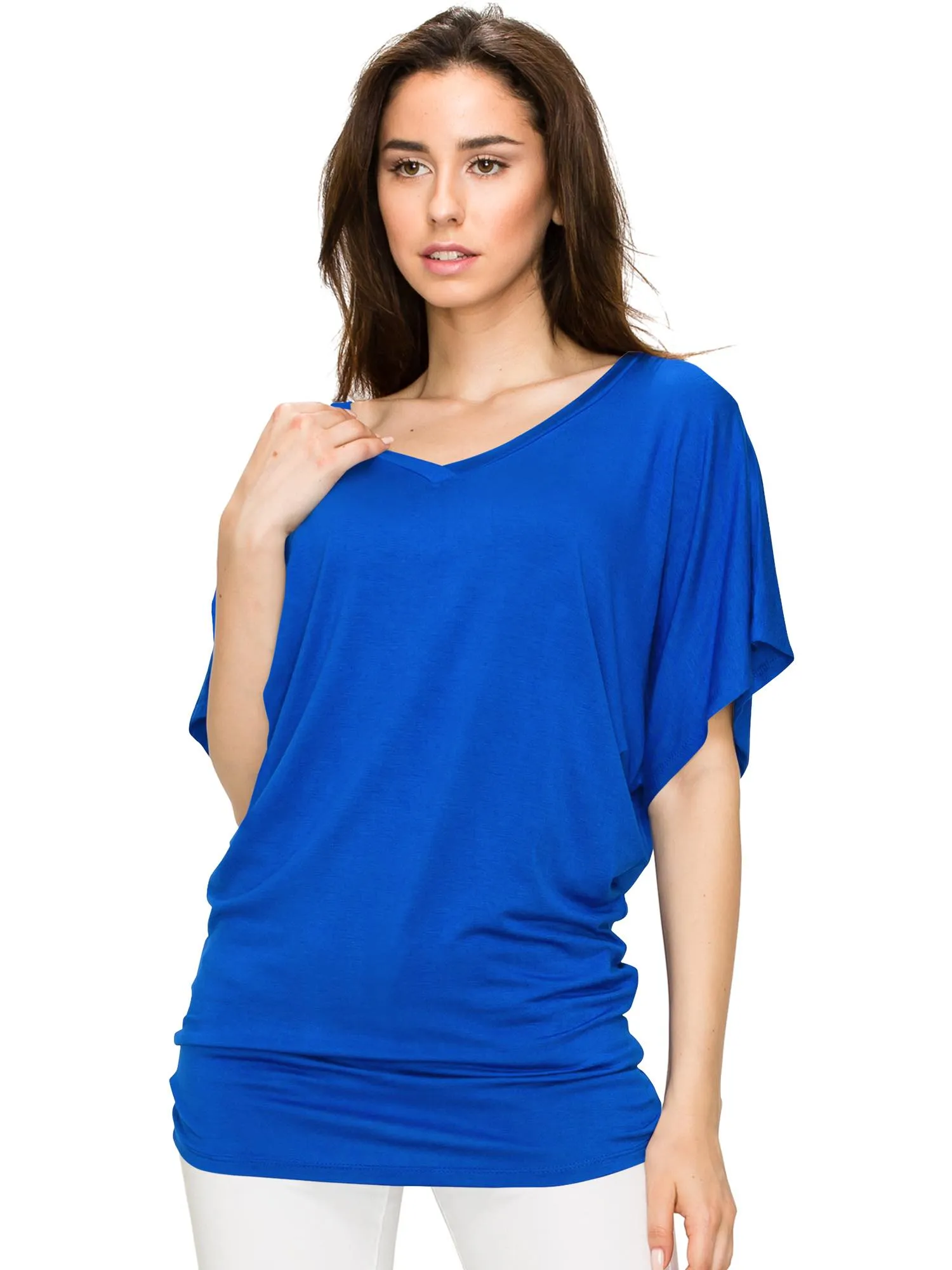 Women's Solid Short Sleeve V Neck Dolman Top